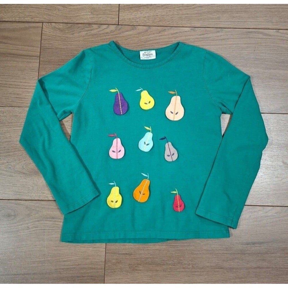 Mini Boden Pear Applique Long Sleeve Top, 100% Cotton